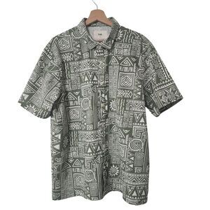 Folk Brand Mens Tribal Casual Button-Down Shirt Green Ivory Short Sleeve Size XL